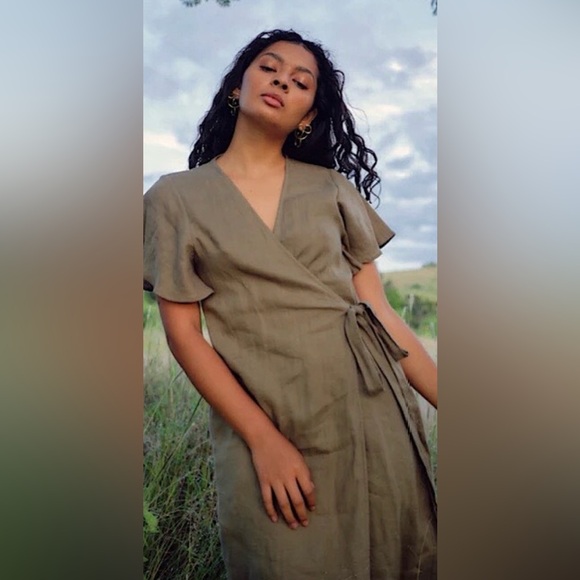 ZII ROPA LOUIE LINEN WRAP MIDI DRESS IN KHAKI SIZE S - Picture 2 of 8